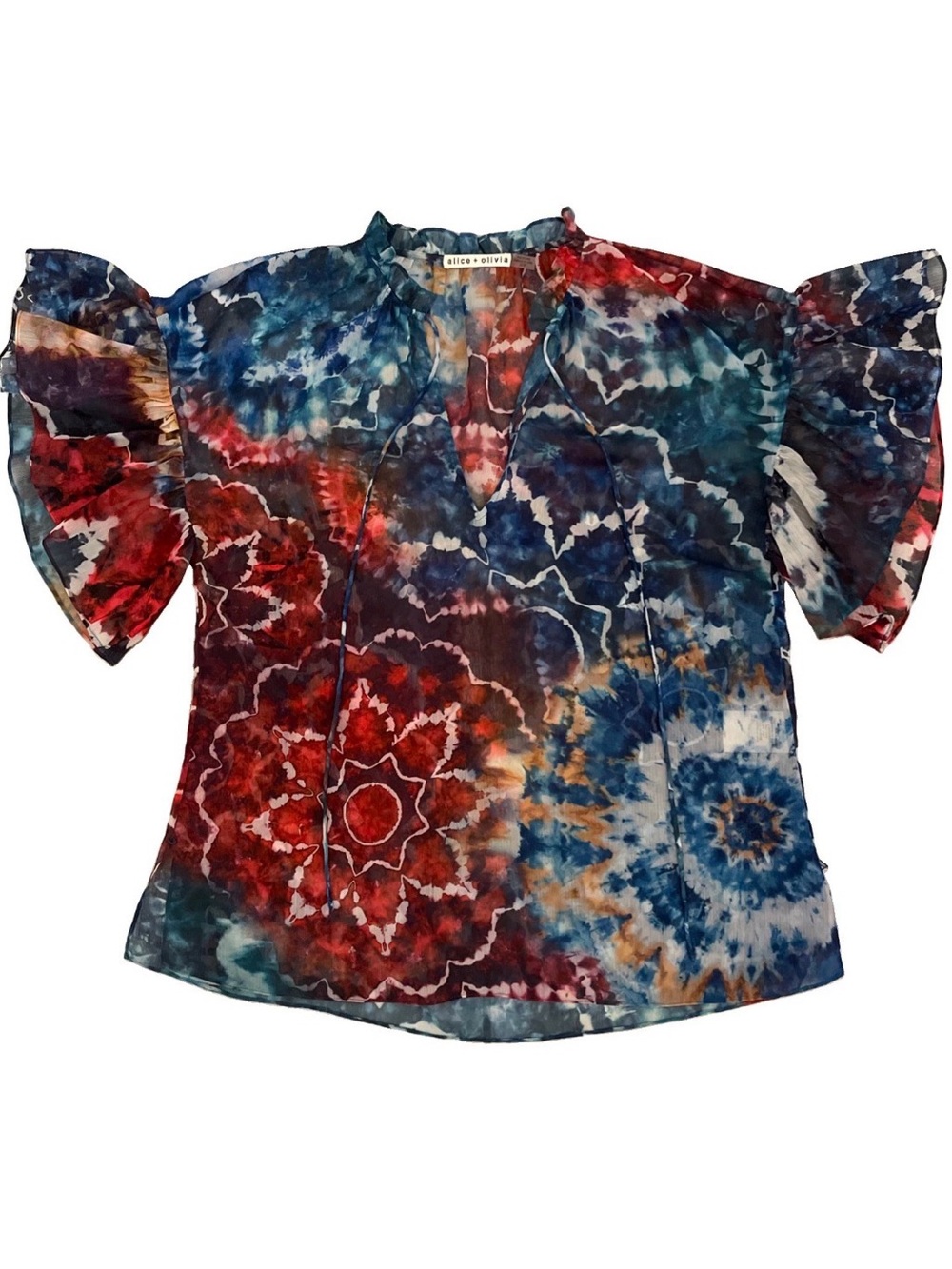 Alice + Olivia Julius Tie Dye Flutter Sleeve Boho Blouse Blue Red Yellow XS